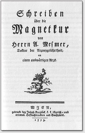 Titelblatt des Buches Schreiben über die Magnetkur von Herrn A. Mesmer, Doktor der Arznengelährtheit an einen auswärtigen Arzt