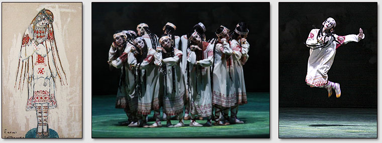 Эскиз Н.К.Рериха костюма девушки и эпизод Гамбурской постановки балета "Весна священная" с участием персонажей девушек.